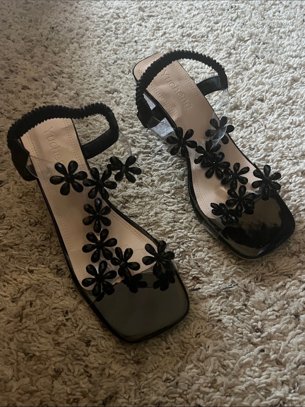 Women’s Black Floral T-Strap Heels by
